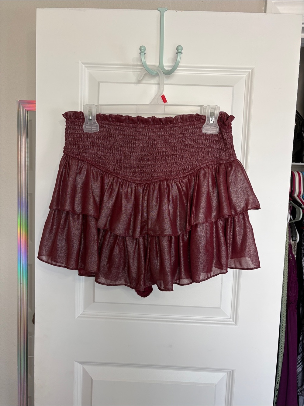 Ruffled Smocked Mini Skirt - Burgundy Shimmer